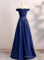 Navy Blue Satin Long Party Dress , Long Bridesmaid Dresses