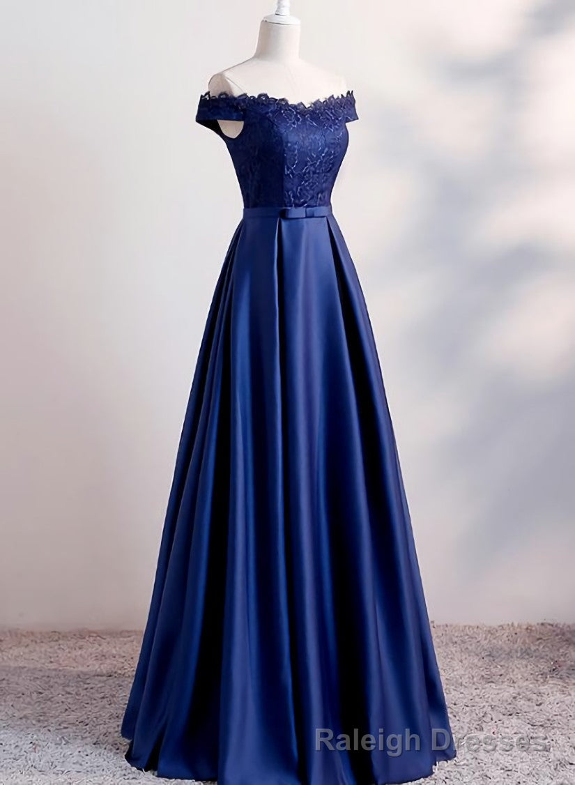 Navy Blue Satin Long Party Dress , Long Bridesmaid Dresses Main image