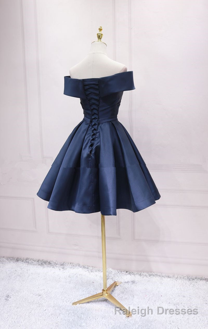 Navy Blue Satin Off Shoulder Bridesmaid Dress Prom Dress, Short Prom Dress Secondary image