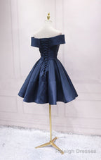 Navy Blue Satin Off Shoulder Bridesmaid Dress Prom Dress, Short Prom Dress