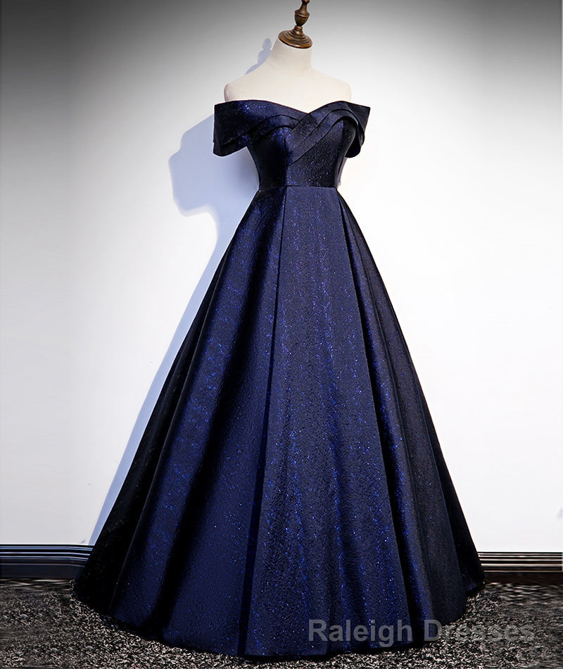 Navy Blue Satin Off Shoulder Long Prom Dress, Blue A Line Formal Dress, Prom Dress Main image