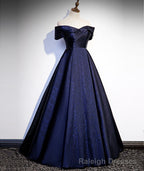 Navy Blue Satin Off Shoulder Long Prom Dress, Blue A Line Formal Dress, Prom Dress