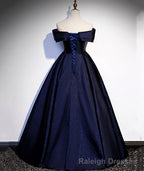Navy Blue Satin Off Shoulder Long Prom Dress, Blue A-line Formal Dress, Evening Dress