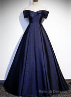 Navy Blue Satin Off Shoulder Long Prom Dress, Blue A Line Formal Dress, Prom Dress