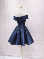 Navy Blue Satin Off Shoulder Short Graduation Dresses Blue Satin Prom Dresses