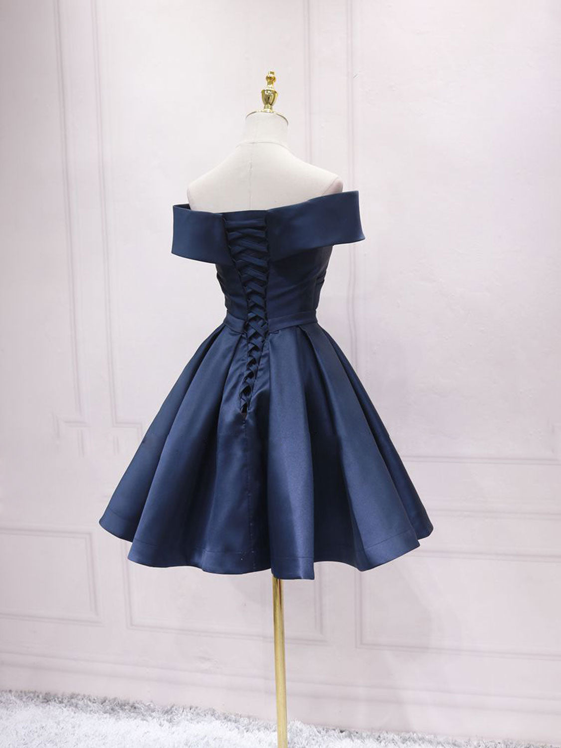 Navy Blue Satin Off Shoulder Short Graduation Dresses Blue Satin Prom Dresses