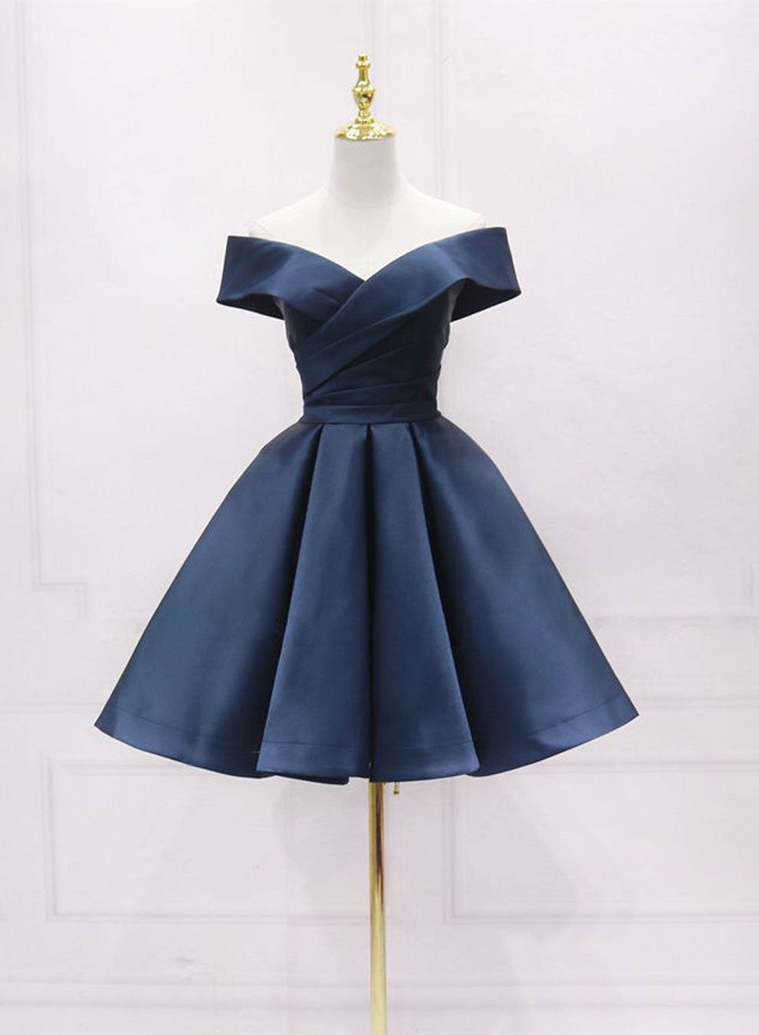 Navy Blue Satin Off Shoulder Short Graduation Dresses Blue Satin Prom Dresses Main image