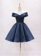 Navy Blue Satin Off Shoulder Short Graduation Dresses Blue Satin Prom Dresses