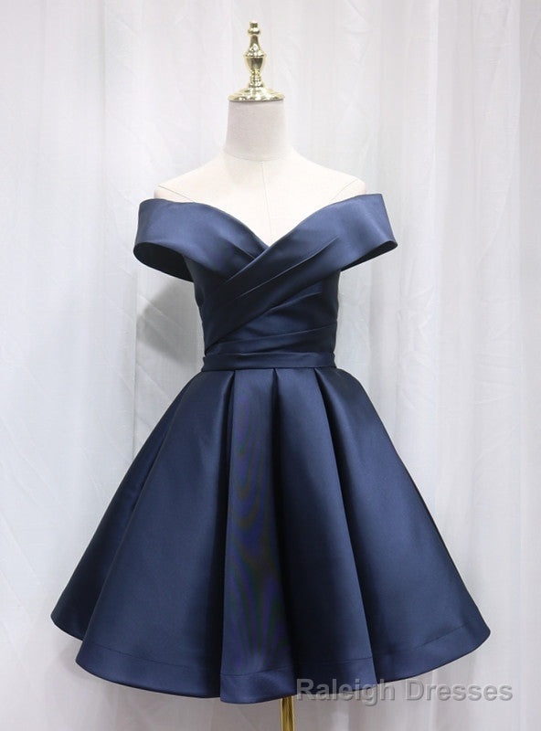 Navy Blue Satin Off the Shoulder Homecoming Dress Main image