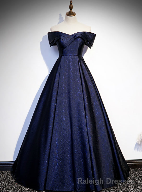 Navy Blue Satin Off the Shoulder Prom Dress