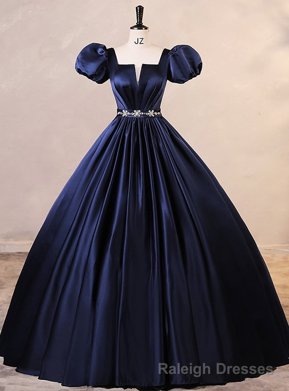 Navy Blue Satin Puff Sleeve Pleats Quinceanera Dress Main image