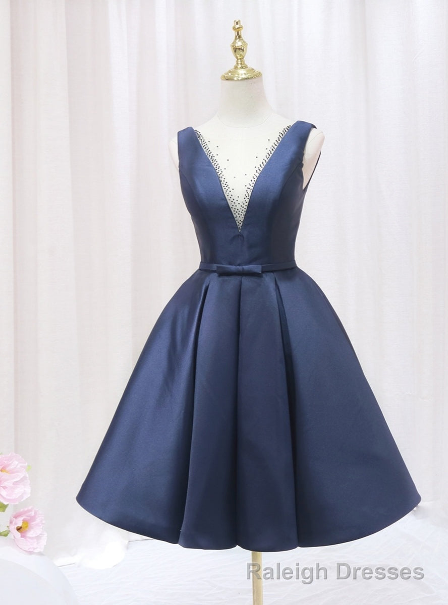 Navy Blue Satin See Through V-neck Homecoming Dress Main image