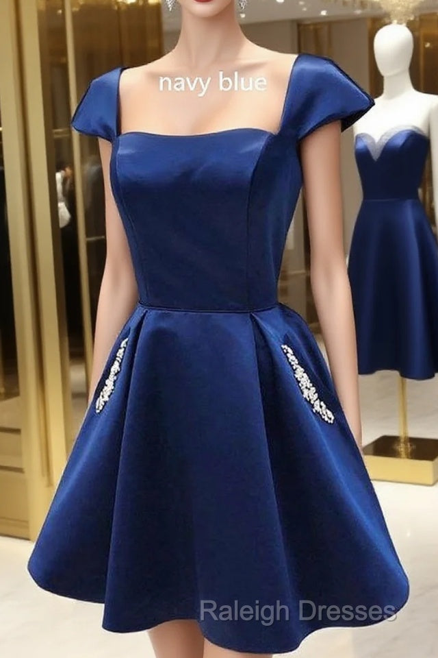 Navy Blue Satin Short A-Line Homecoming Dress With Cap Sleeves And Beaded Pockets
