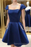 Navy Blue Satin Short A-Line Homecoming Dress With Cap Sleeves And Beaded Pockets