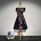 Navy Blue Satin Short Prom Dresses With Embroidery Blue Off Shoulder Prom Dresses