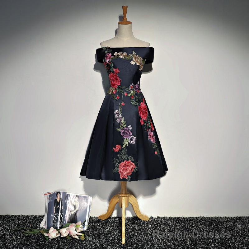Navy Blue Satin Short Prom Dresses With Embroidery Blue Off Shoulder Prom Dresses