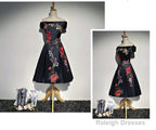 Navy Blue Satin Short Prom Dresses With Embroidery Blue Off Shoulder Prom Dresses
