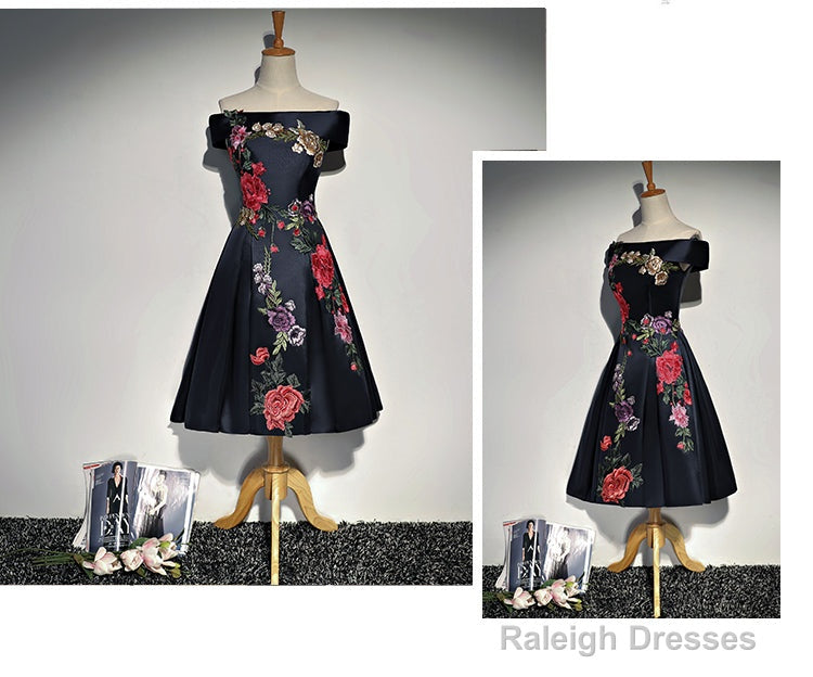 Navy Blue Satin Short Prom Dresses With Embroidery Blue Off Shoulder Prom Dresses