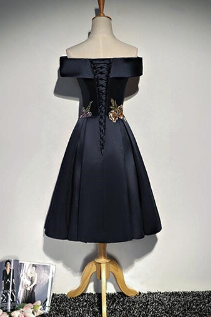 Navy Blue Satin Short Prom Dresses With Embroidery Blue Off Shoulder Prom Dresses