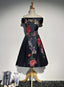 Navy Blue Satin Short Prom Dresses With Embroidery Blue Off Shoulder Prom Dresses
