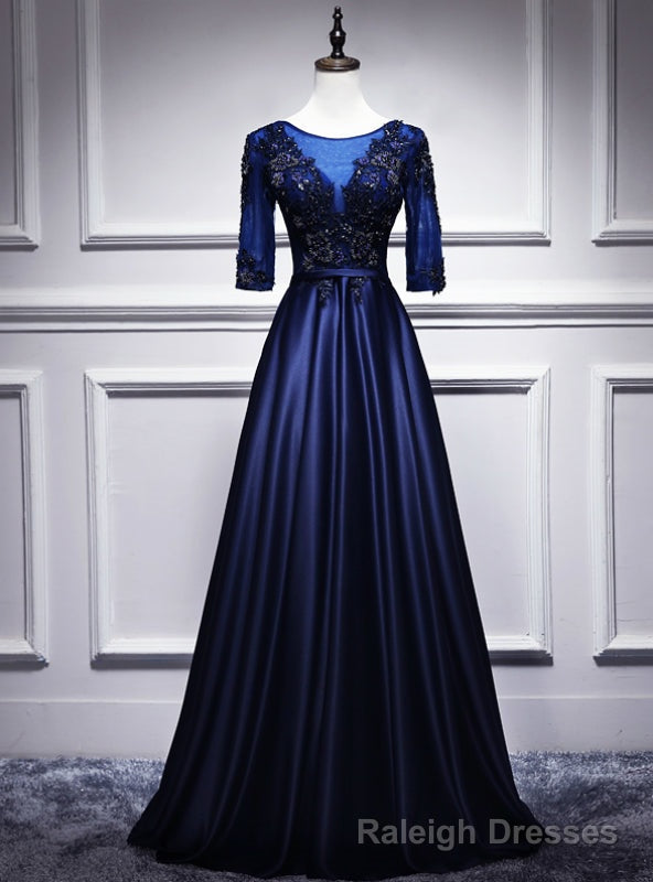 Navy Blue Satin Short Sleeve Appliques Beading Prom Dress Main image