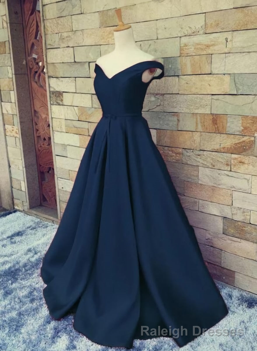 Navy Blue Satin Sweetheart A-line Handmade Formal Dress, Blue Long Prom Dress Main image