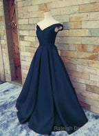 Navy Blue Satin Sweetheart A Line Handmade Formal Dress, Blue Long Prom Dress