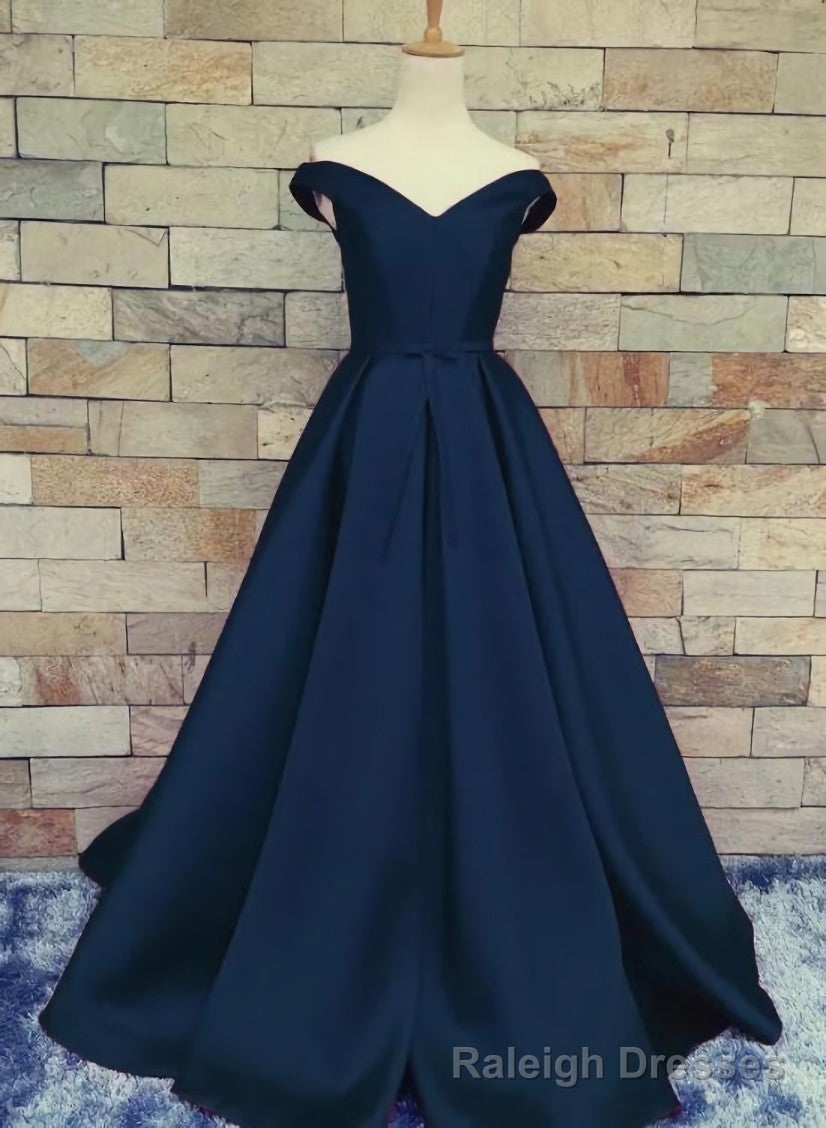 Navy Blue Satin Sweetheart A-line Handmade Formal Dress, Blue Long Prom Dress