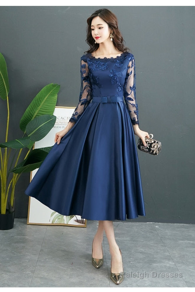 Navy Blue Satin Tea Length With Lace Long Sleeves Bridesmaid Dress, Blue Short Party Dress Secondary image