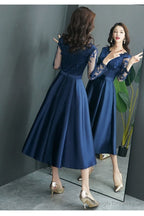 Navy Blue Satin Tea Length With Lace Long Sleeves Bridesmaid Dresses Blue Short Prom Dresses