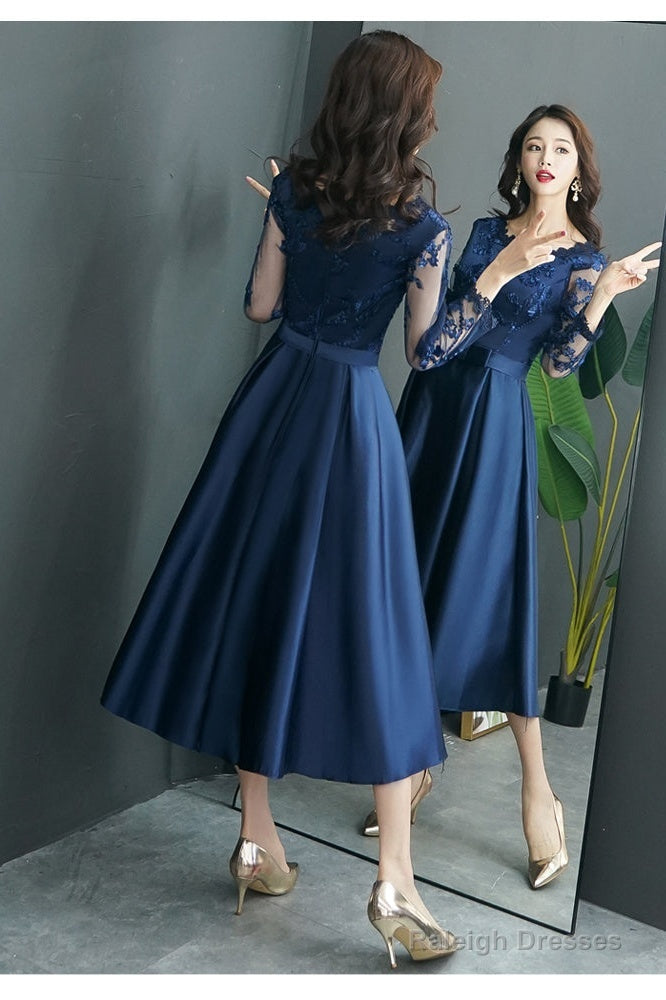 Navy Blue Satin Tea Length With Lace Long Sleeves Bridesmaid Dresses Blue Short Prom Dresses