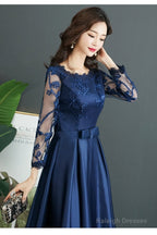 Navy Blue Satin Tea Length With Lace Long Sleeves Bridesmaid Dresses Blue Short Prom Dresses