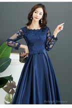 Navy Blue Satin Tea Length With Lace Long Sleeves Bridesmaid Dresses Blue Short Prom Dresses