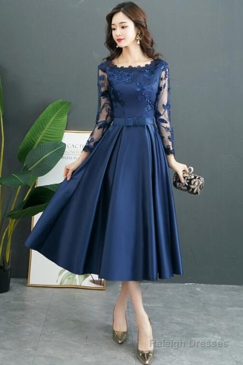 Navy Blue Satin Tea Length With Lace Long Sleeves Bridesmaid Dress, Blue Short Party Dress
