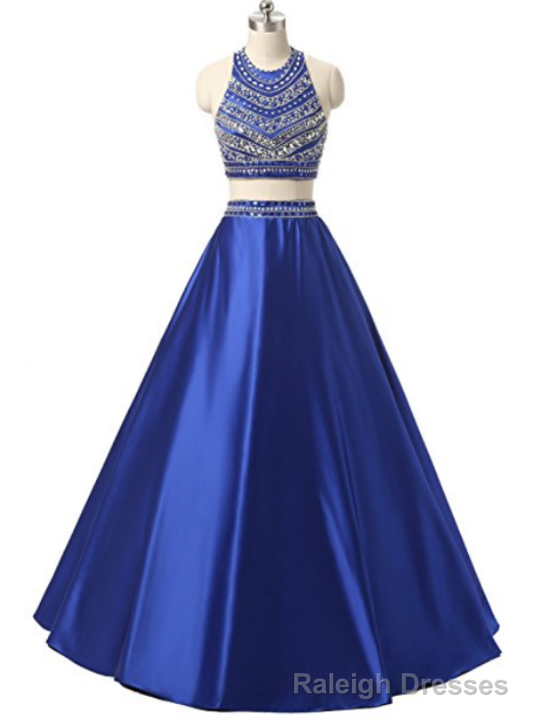Navy Blue Satin Two Piece Halter Backless Prom Dress Main image