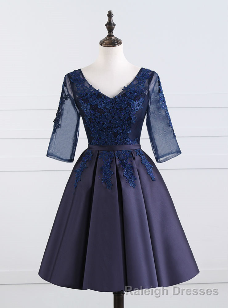 Navy Blue Satin V-nec Short Sleeve Homecoming Dress Main image