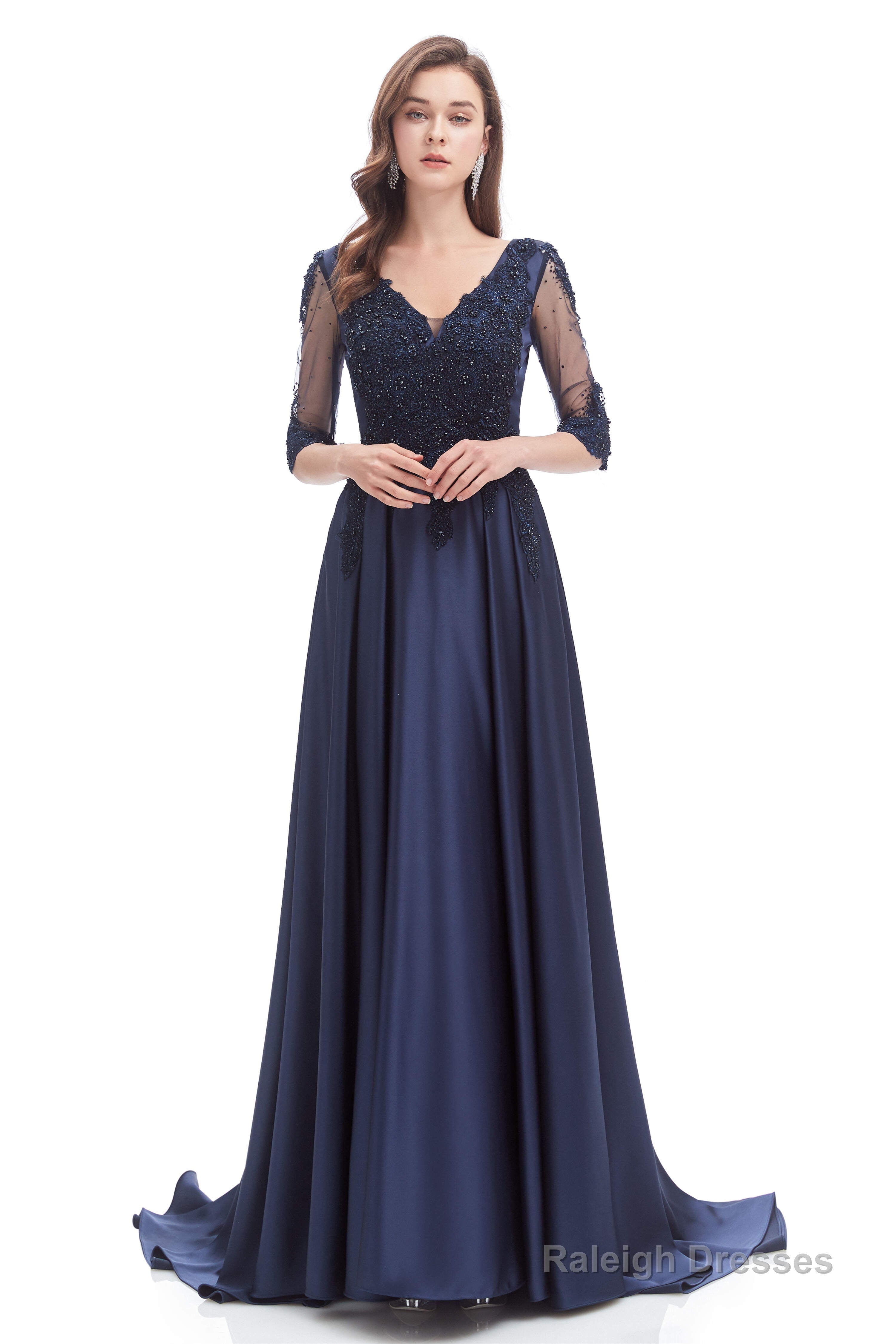 Navy Blue Satin V-neck Short Sleeve Beading Prom Dresses Main image