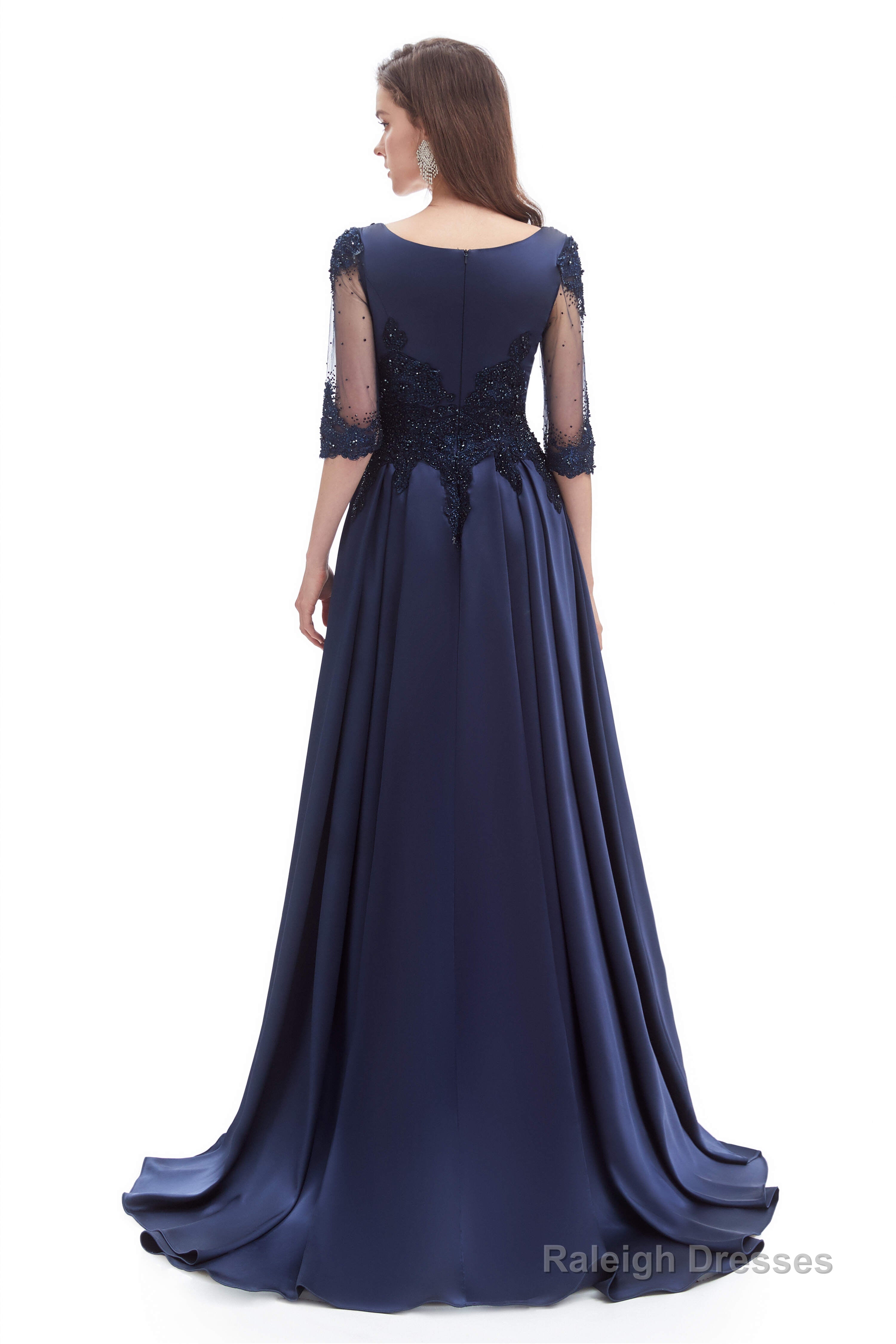 Navy Blue Satin V-neck Short Sleeve Beading Prom Dresses