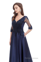 Navy Blue Satin V-neck Short Sleeve Beading Prom Dresses