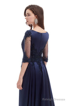 Navy Blue Satin V-neck Short Sleeve Beading Prom Dresses