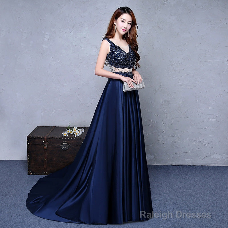 Navy Blue Satin With Lace Beaded Long Junior Prom Dresses Blue Satin Prom Dress Secondary image