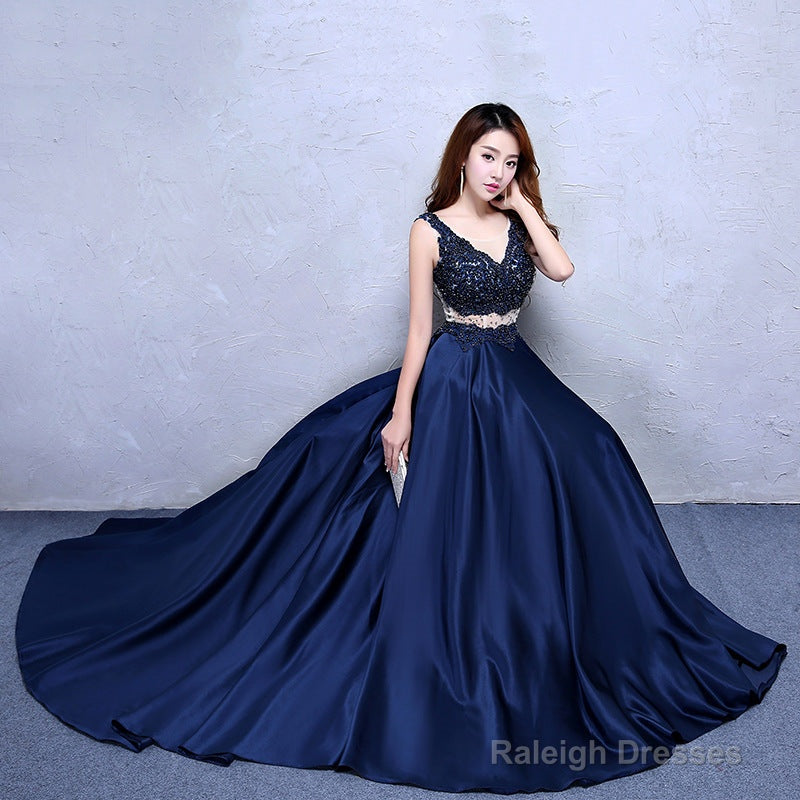 Navy Blue Satin With Lace Beaded Long Junior Prom Dress, Blue Satin Party Dresses
