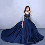 Navy Blue Satin With Lace Beaded Long Junior Prom Dresses Blue Satin Prom Dress