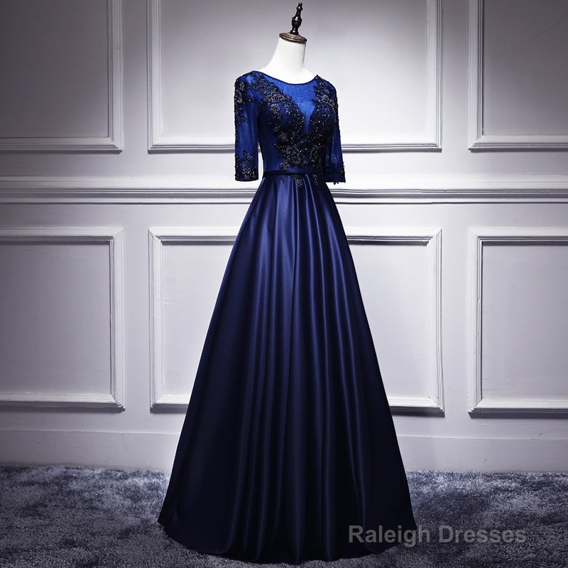 Navy Blue Satin With Lace Short Sleeves Long Prom Dresses, Blue Evening Dresses Formal Dress Secondary image
