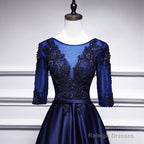 Navy Blue Satin With Lace Short Sleeves Long Prom Dresses, Blue Evening Dresses Formal Dress