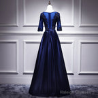 Navy Blue Satin With Lace Short Sleeves Long Prom Dresses, Blue Evening Dresses Formal Dress
