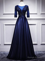 Navy Blue Satin With Lace Short Sleeves Long Prom Dresses, Blue Evening Dresses Formal Dress