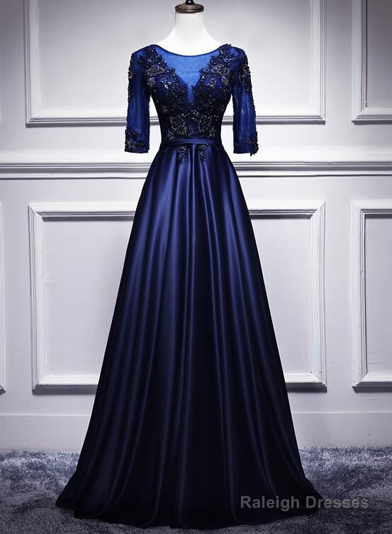 Navy Blue Satin With Lace Short Sleeves Long Prom Dress Blue Prom Dress Main image