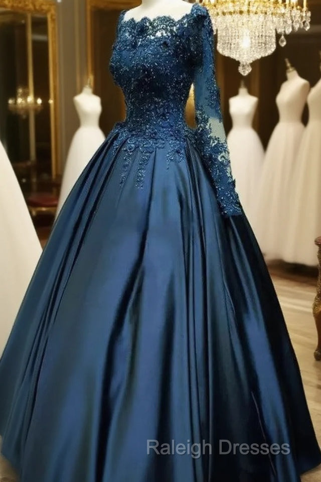 Navy Blue Satin With Lace Top Long Sleeves Sweet 16 Gown, Blue Formal Dresses Main image