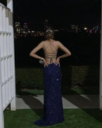 Navy Blue Sequin Long Prom Dresses Mermaid Cross Back Evening Party Dresses